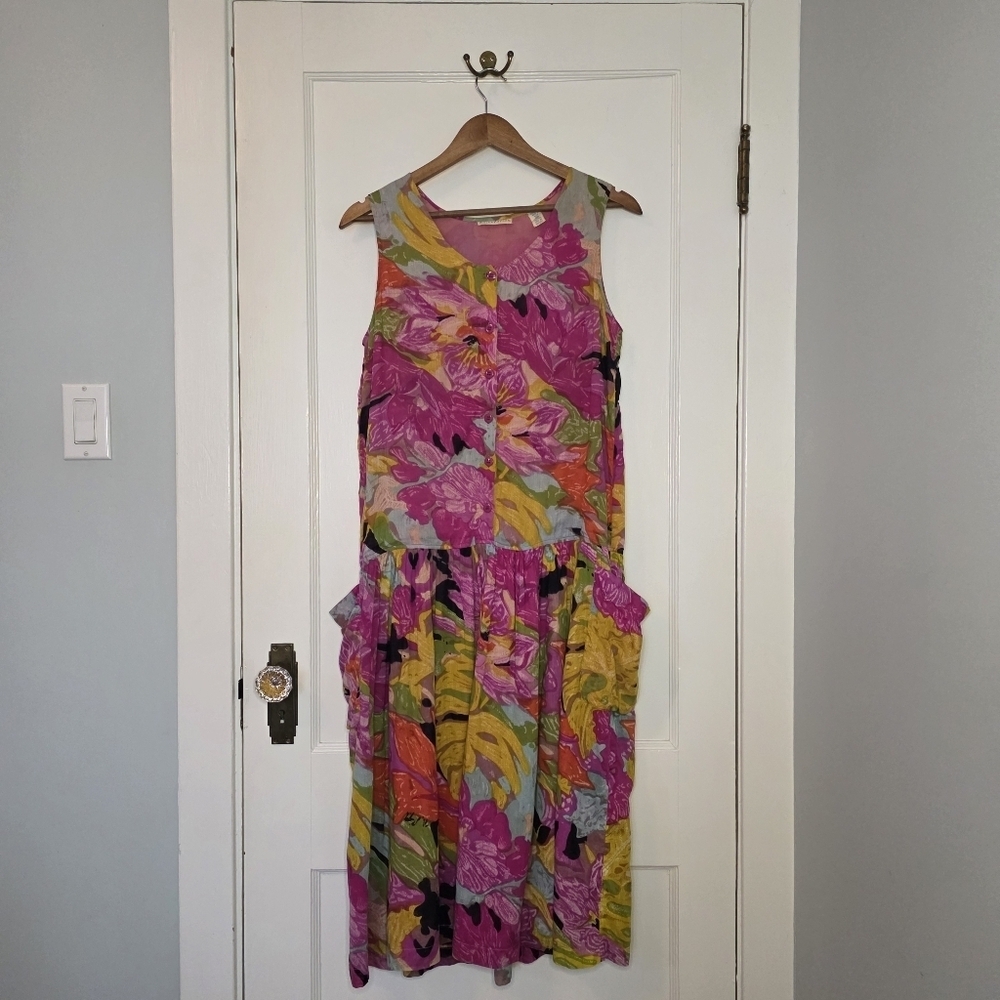 Vintage Erika Taylor Drop-Waist Cotton Dress – Size M – Pink Floral